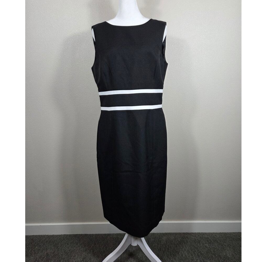 Black Label by Evan Picone Black Fitted Midi Dress with White Stripes Size 8